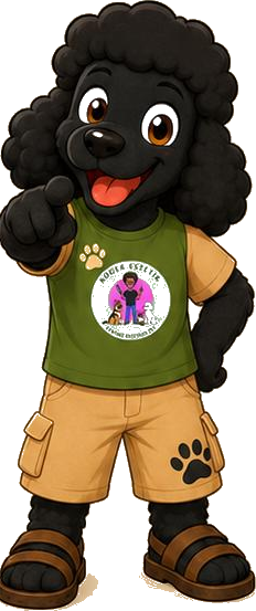 Mascote poodle da Roger Estêtik apontando